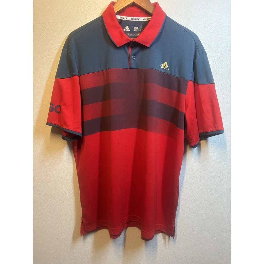Adidas Shirt‎ Men USA Golf Climachill Red Blue Collared Polo XL Shirt Sleeve